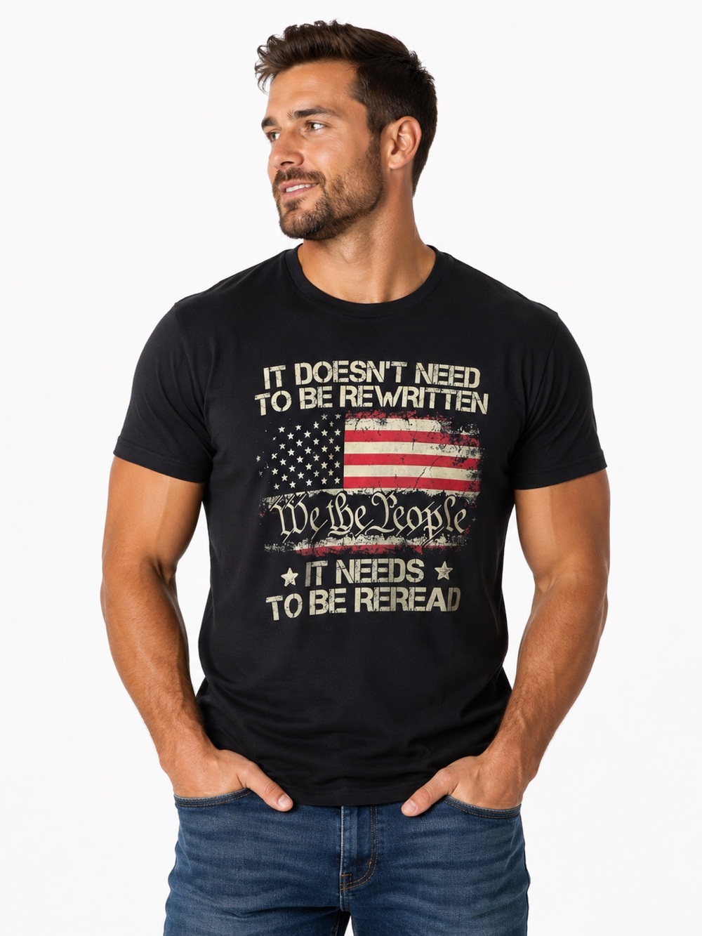 Men’s Black We the People Constitution American Flag Graphic T Shirt Large
